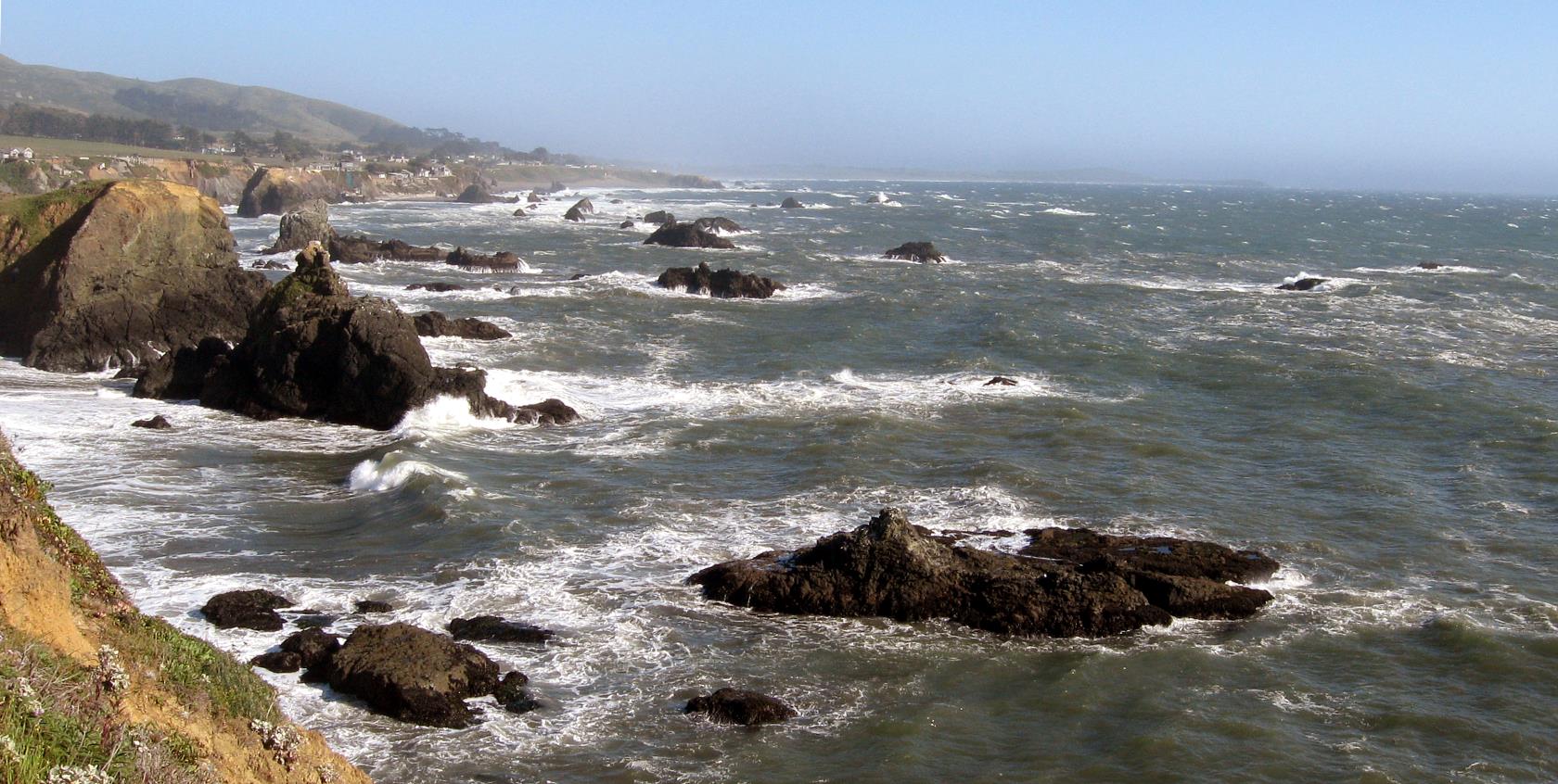 Over rough seas, in the hazy distance across the Sonoma shore, is Bodega Head. That is a special place for me.