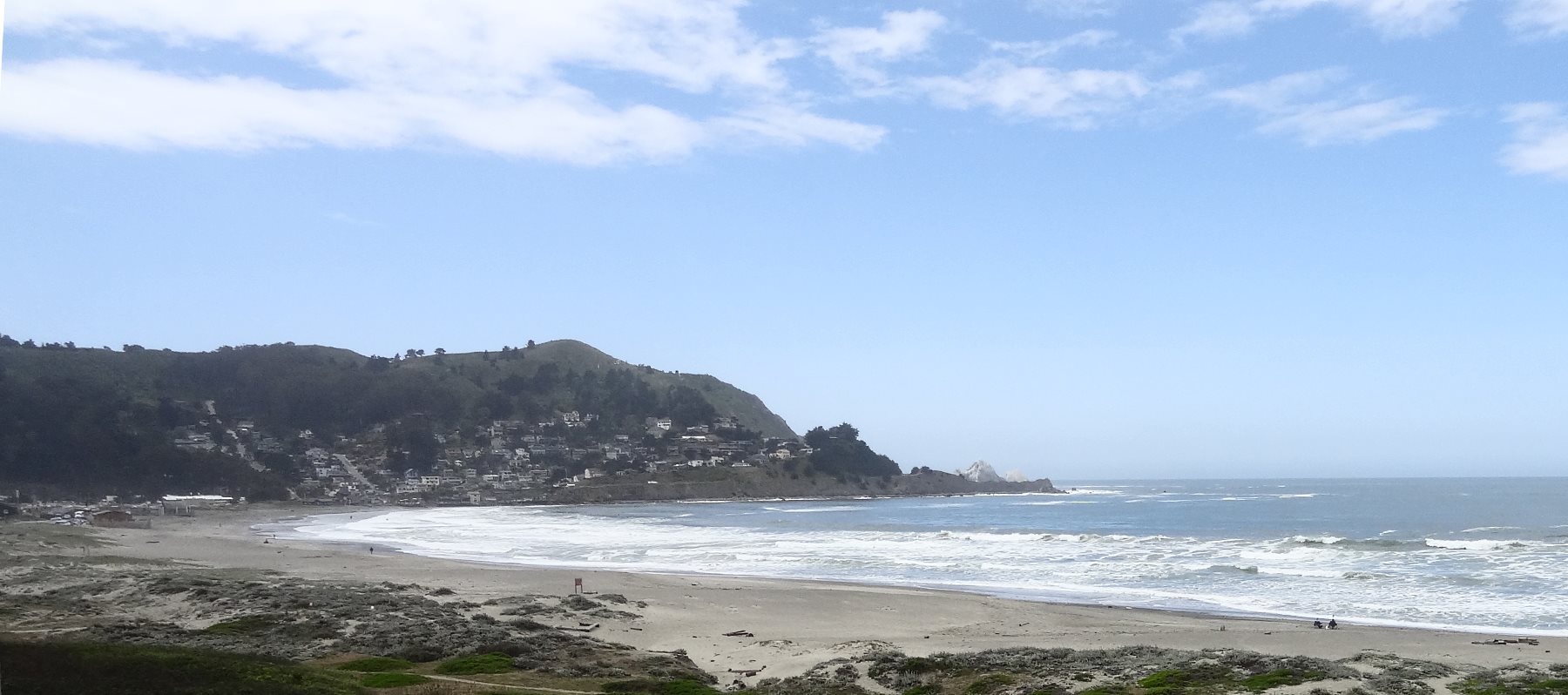 South of San Francisco, South of Daly City, here the land is folded as the San Andreas enters the ocean at Pacifica. This is the start of the San Mateo Coast. It is a rough place, open directly to every point in the Big Pacific Ocean.